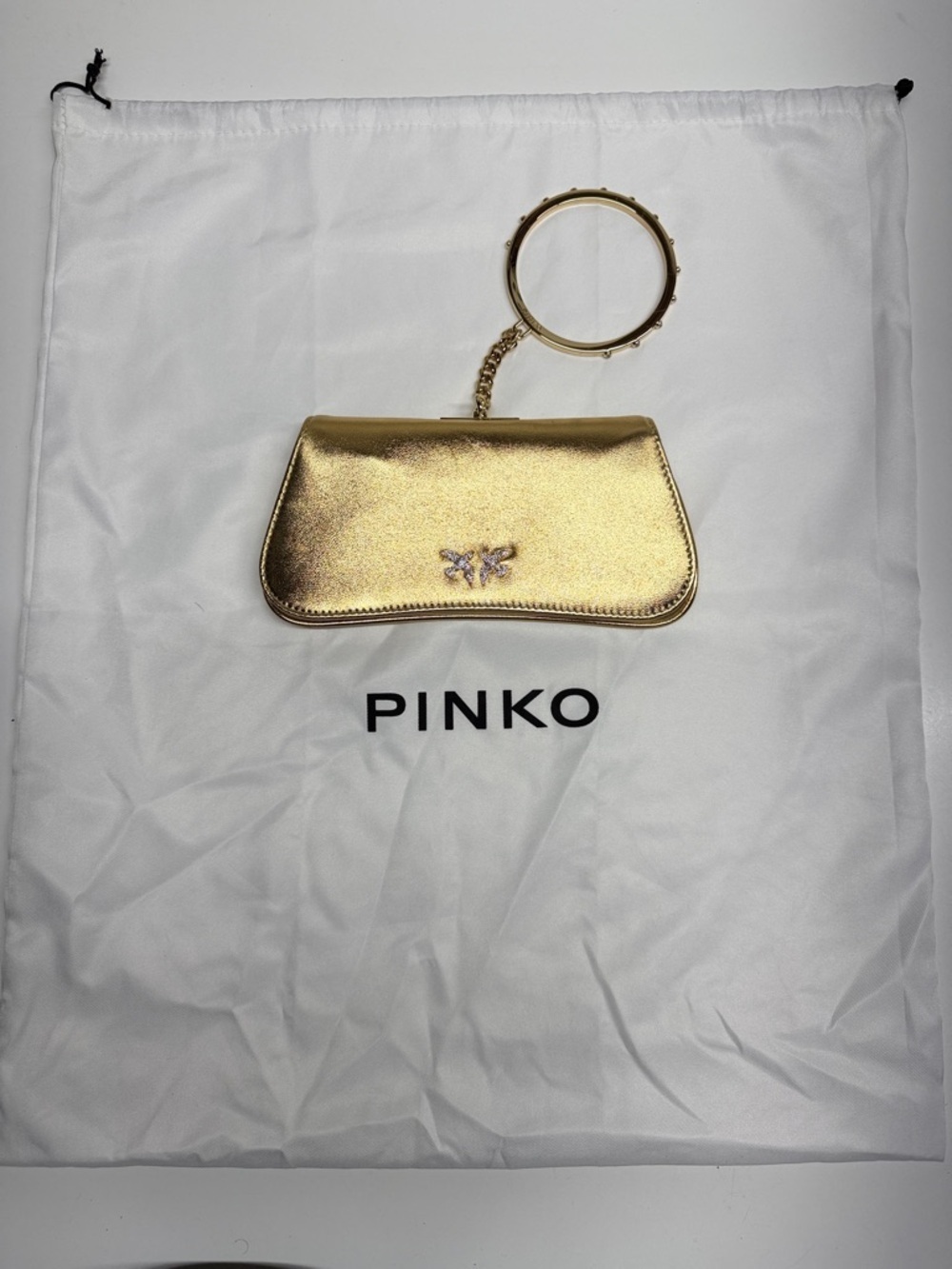 Pinko Marpesia Clutch Purse Hangbag Nappa Leather Laminata Metallic Chain Gold